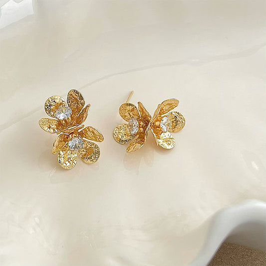 A廠【5174】金屬鑲鑽花瓣耳環復古銀針耳飾
 26.10-4
