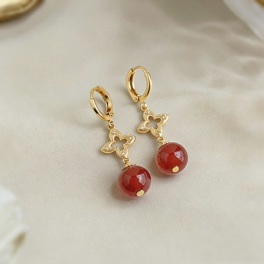 A廠【7263】高級感微鑲鋯石天然石紅瑪瑙文藝復古老花紋新款手工耳飾耳環
 25.12-4