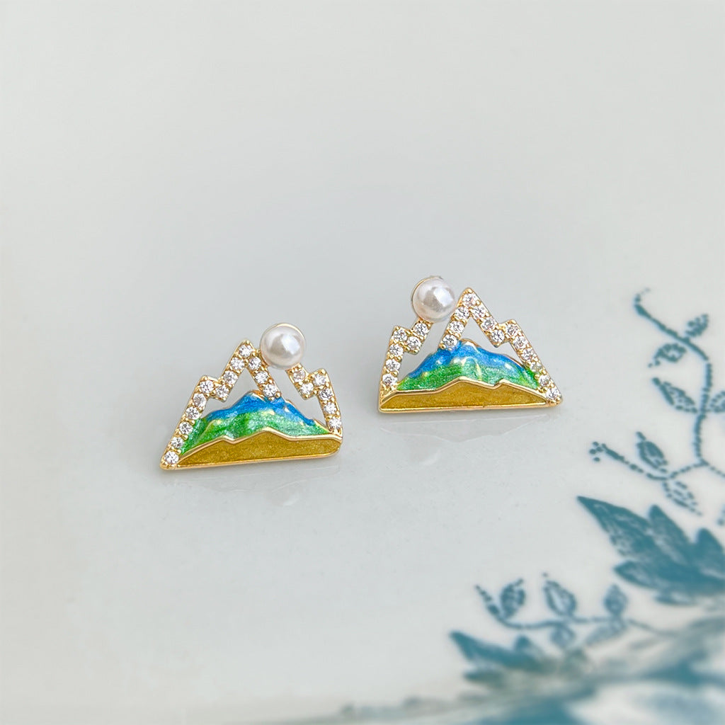 A廠【7157】原始青山~微鑲鋯石鍍銀針手工彩繪琺瑯滴釉國潮耳釘耳飾
 26.04-5