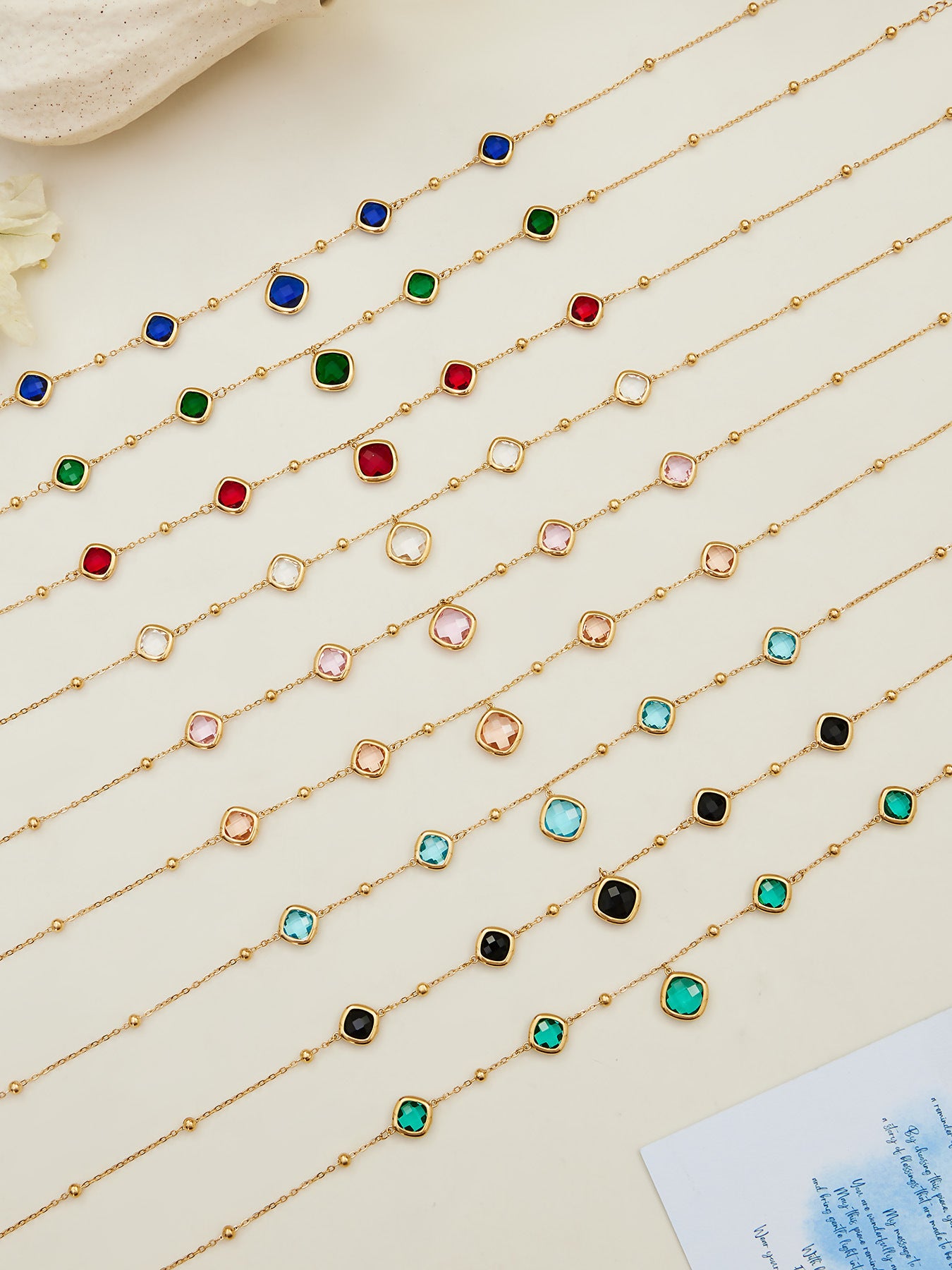 B廠【TXP517】不銹鋼方形切麵包邊玻璃石吊墜耳環項鍊手鍊珠寶首飾套裝鍍18k金
 25.12-2