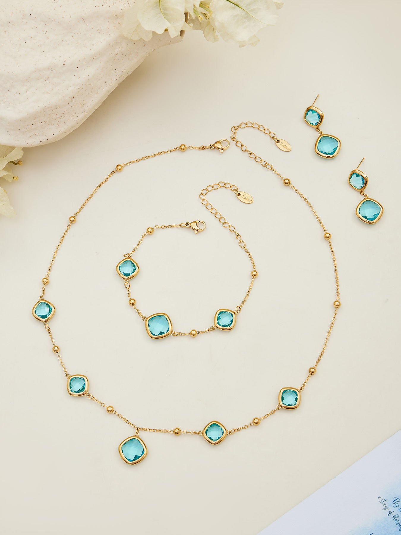 B廠【TXP517】不銹鋼方形切麵包邊玻璃石吊墜耳環項鍊手鍊珠寶首飾套裝鍍18k金
 25.12-2