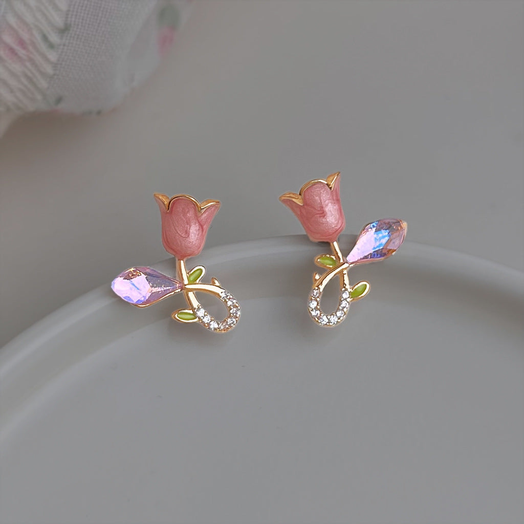 A廠 【2268】油畫感甜美鬱金香耳環小眾設計感藤蔓鋯石粉色花朵可愛少女感耳飾
 26.03-3