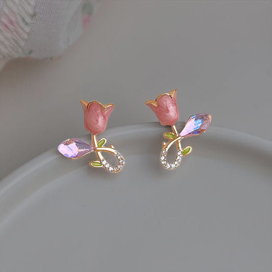 A廠 【2268】油畫感甜美鬱金香耳環小眾設計感藤蔓鋯石粉色花朵可愛少女感耳飾
 26.03-3