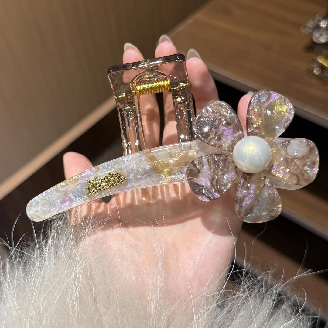 C廠【X505】高級感韓系新款醋酸花朵珍珠抓夾女時尚百搭後腦勺盤髮鯊魚夾髮飾
 26.06-4