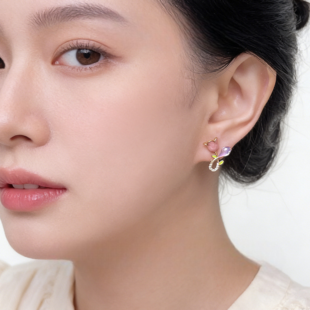 A廠 【2268】油畫感甜美鬱金香耳環小眾設計感藤蔓鋯石粉色花朵可愛少女感耳飾
 26.03-3