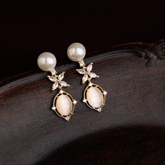 A廠【7412】時尚高級感玻璃貓眼石微鑲鋯石長款幾何新款耳環飾品耳環
 26.04-1