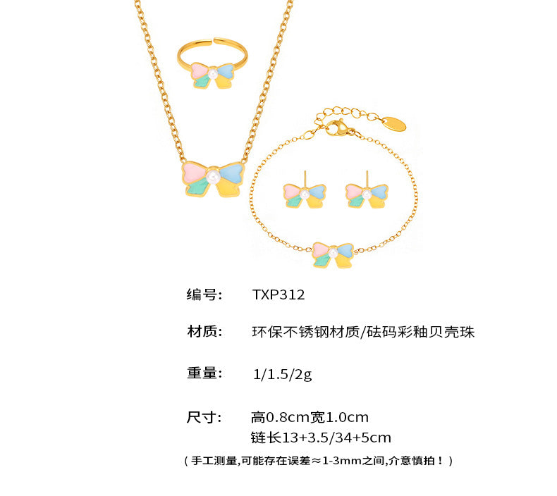 B廠【TXP312】新款兒童飾品不鏽鋼貝殼珠蝴蝶結滴油項鍊手鍊戒指耳環套裝 25.07-2