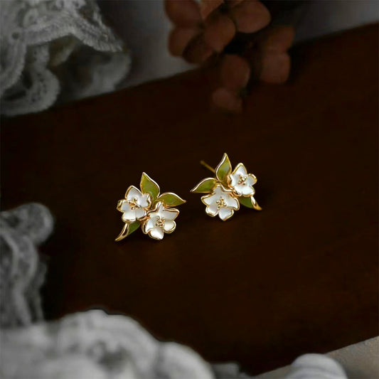 A廠【7299】原創梔子花琺瑯滴釉手工彩繪925銀針花朵小眾設計耳飾 甜美耳環女
 26.01-1