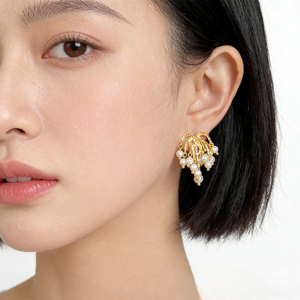 A廠【7372】法式復古長款流蘇煙火珍珠耳環925銀針時尚高級感新款耳飾 耳環女
 26.01-4