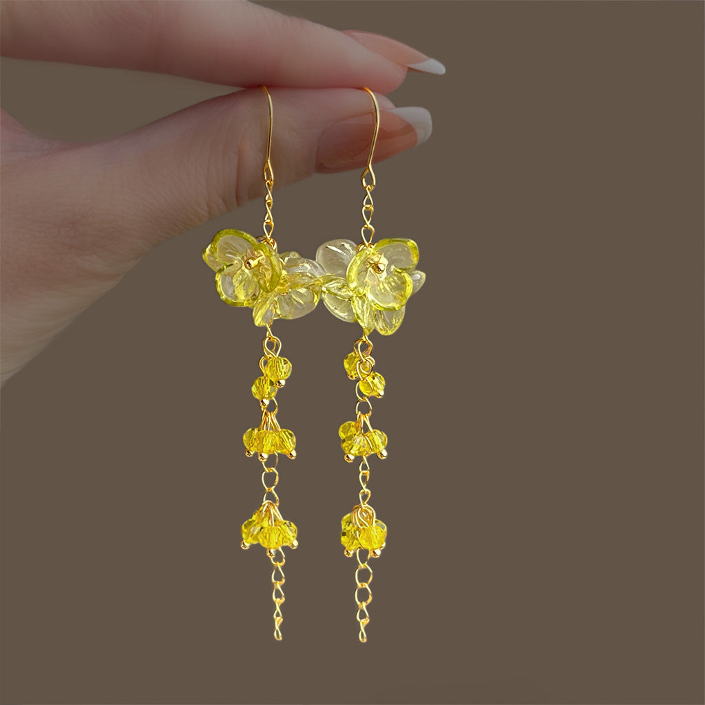 A廠 【6170】【夏日檸檬色】度假風森系甜美長玻璃水晶流速花朵耳環耳環
 26.03-3