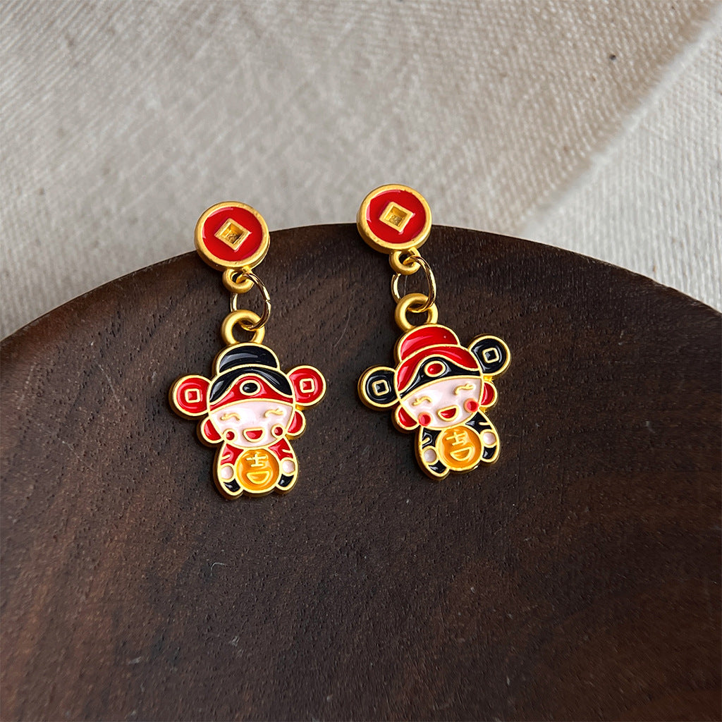 A廠【7231】新年手工彩繪琺瑯滴釉不對稱財神爺新款耳飾國潮民族風耳環
 25.12-2
