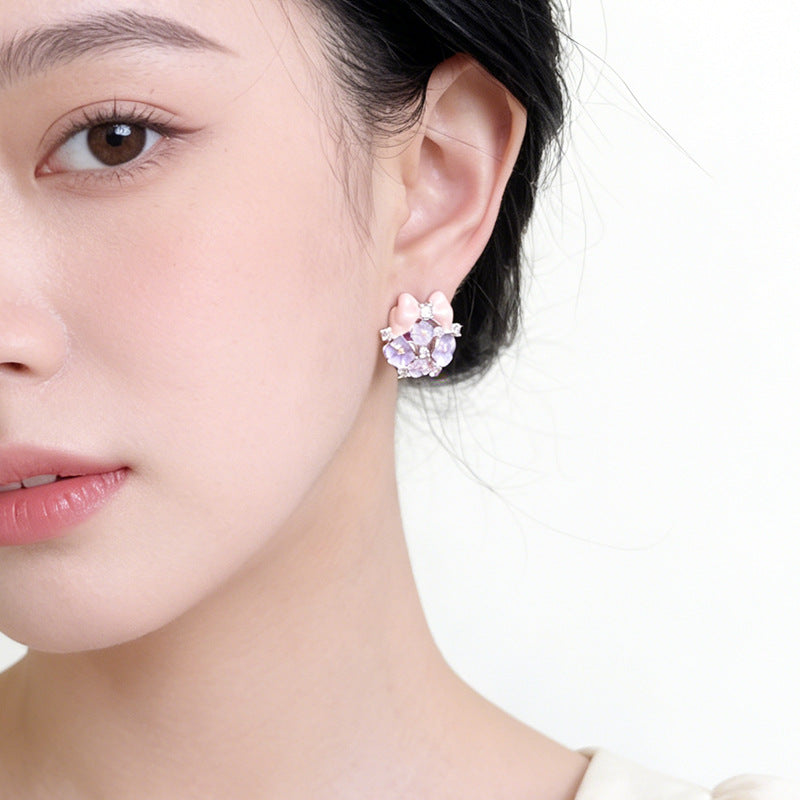 A廠【7478】原創設計琺瑯滴釉清新甜美手工彩繪蝴蝶結花朵耳飾銀針小眾耳環女
 26.04-3