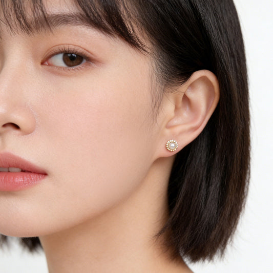 A廠【7455】微鑲鋯石小清新簡約百搭圓形幾何珍珠耳飾保色耳環新款飾品女
 26.04-1
