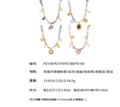 B廠【P2181】 diy絲巾項鍊 虎眼石仿珍珠頸鍊 小眾設計感打結布條飾品
 25.10-2