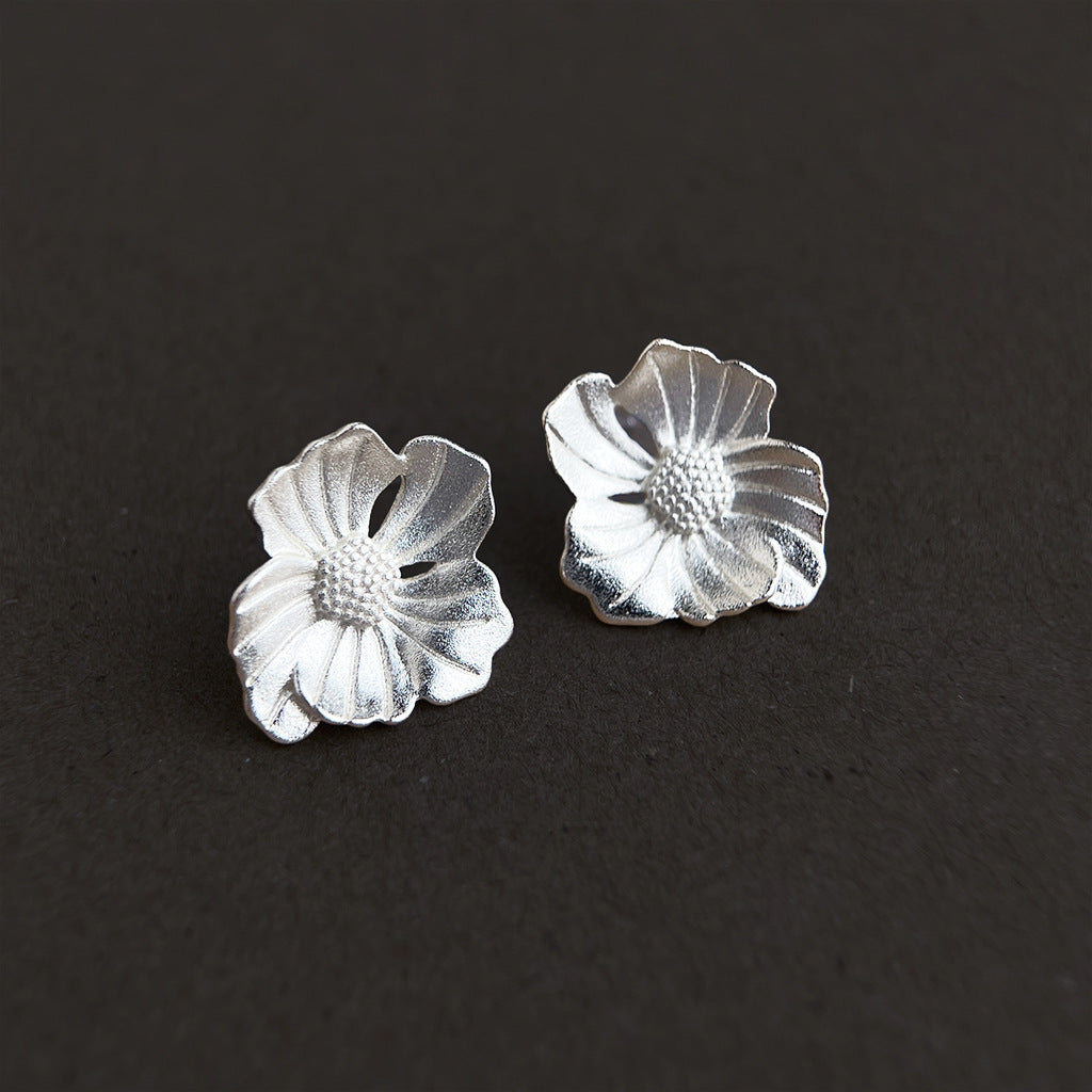 A廠【4099】噴砂工藝芙蓉花耳環冷淡風通勤百搭高級感銀色系花朵肌理感耳飾女
 26.04-4