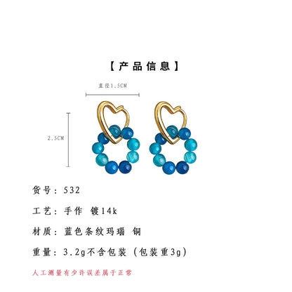 A廠【532】清新甜美天然石海藍色手工設計感愛心幾何耳環飾品
 25.12-3