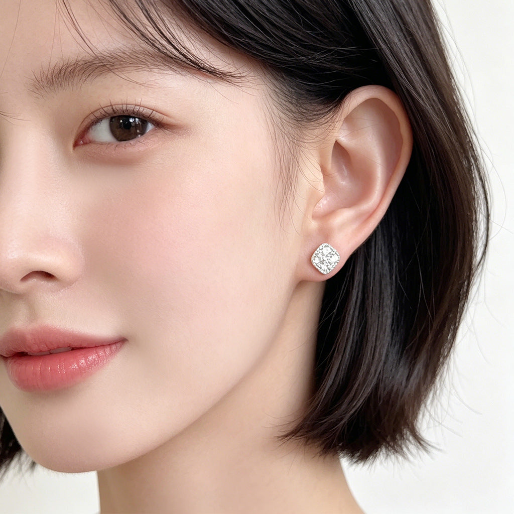 A廠【7808】鋯石方糖時尚簡約通勤百搭方形幾何銀針耳環女氣質耳飾 26.07-2