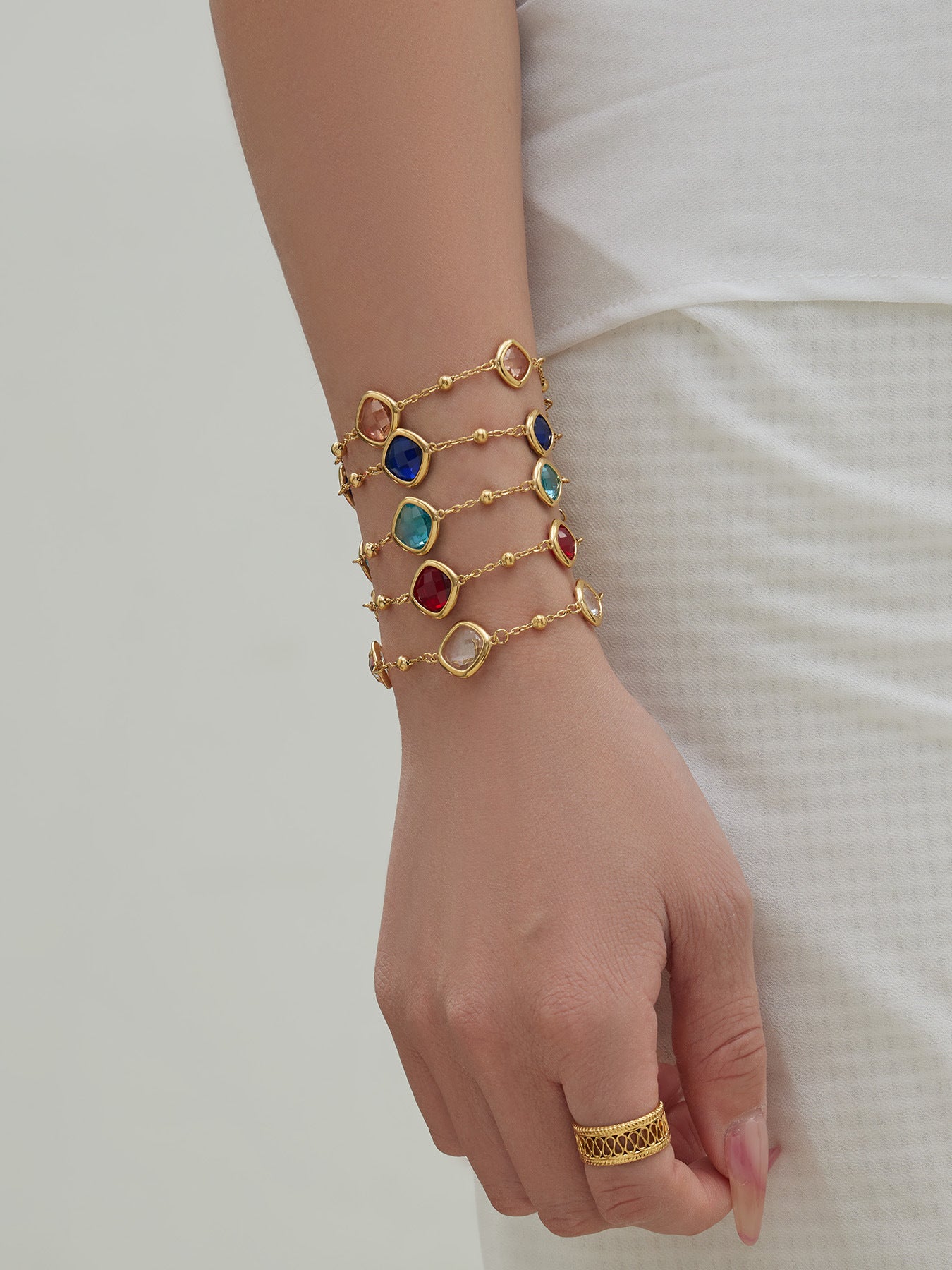 B廠【TXP517】不銹鋼方形切麵包邊玻璃石吊墜耳環項鍊手鍊珠寶首飾套裝鍍18k金
 25.12-2