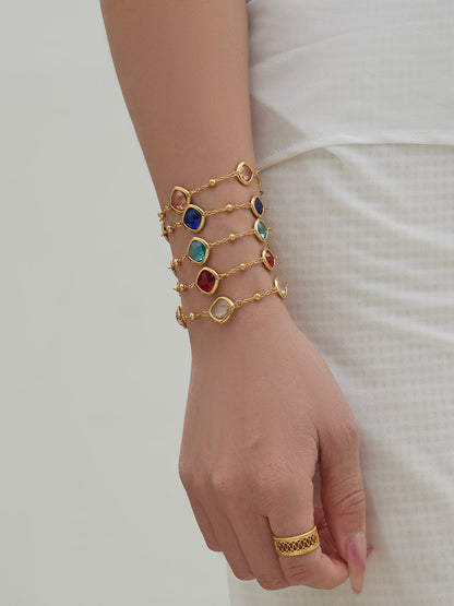 B廠【TXP517】不銹鋼方形切麵包邊玻璃石吊墜耳環項鍊手鍊珠寶首飾套裝鍍18k金
 25.12-2