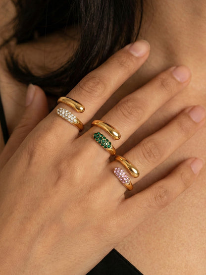 B廠【A002】跨國歐美ins時尚簡約粉綠白三色水鑽開口戒指不鏽鋼鍍18K真金飾品
 26.01-2