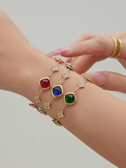 B廠【TXP509】不銹鋼四葉花鑲鋯石切面包邊石頭手鍊長款毛衣鏈項鍊耳環首飾套裝
 25.12-1