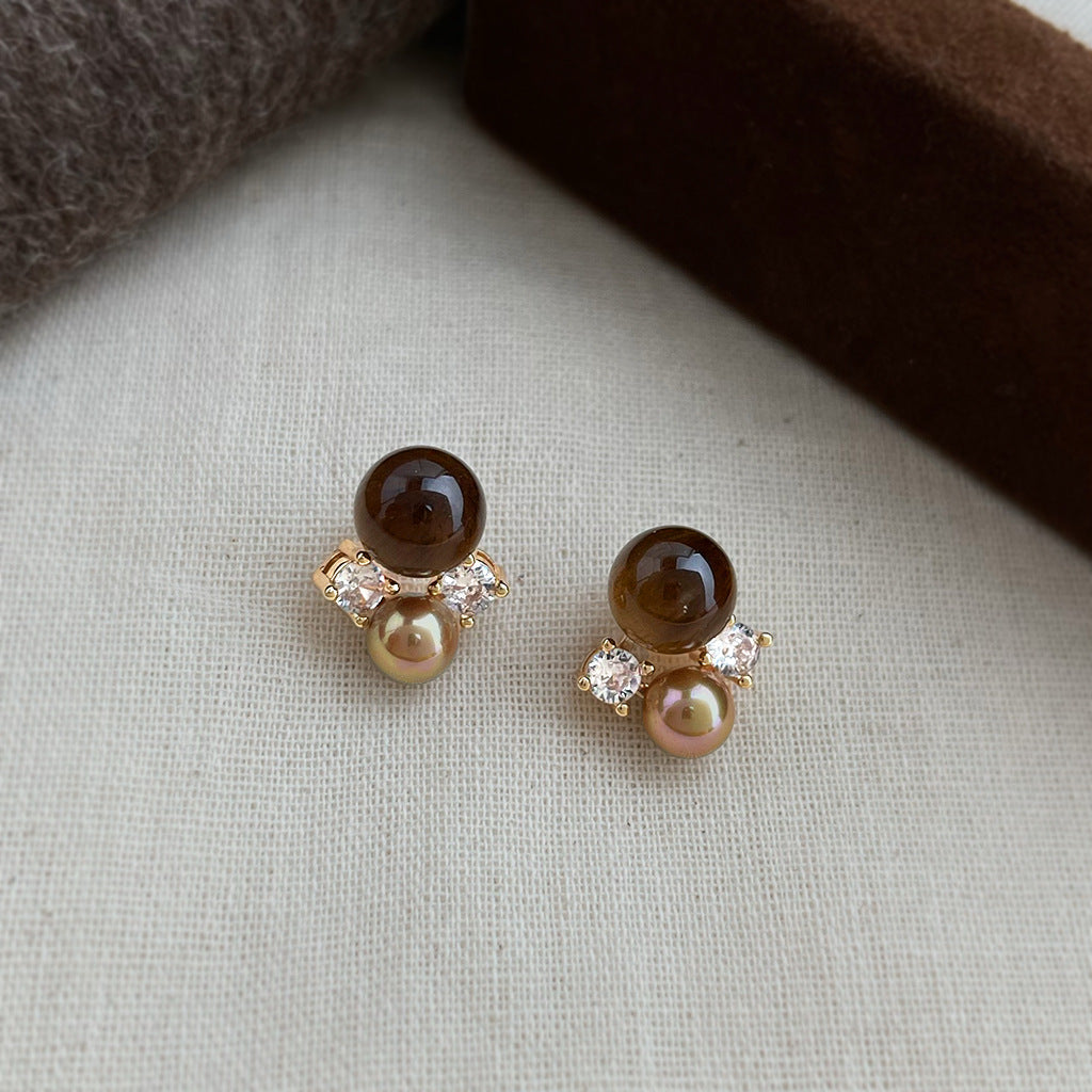 A廠【7233】美拉德風文藝復古天然石虎眼石925銀針鋯石幾何耳環新耳飾
 25.12-2