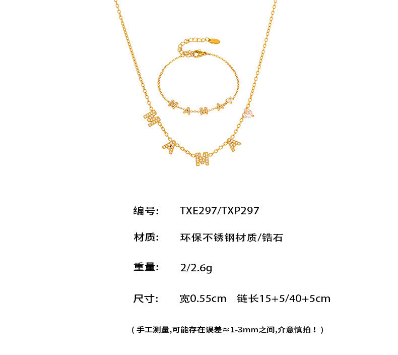 B廠【TXP297】MAMA字母愛心5A黏鑽母親節項鍊手鍊套裝不銹鋼材質18k鍍金 25.07-1