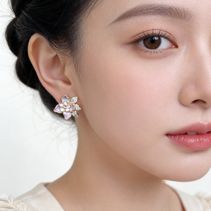 A廠【7430】原創設計師琺瑯滴釉手工彩繪立體花朵山茶花微鑲鋯石耳飾耳釘
 26.03-2