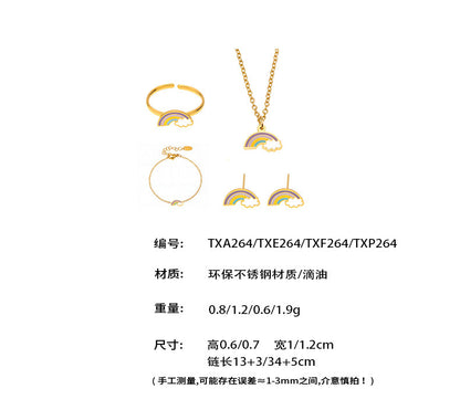 B廠【TXP264】不銹鋼材質新款兒童飾品彩虹滴油吊墜項鍊手鍊戒指耳環套裝 25.05-5