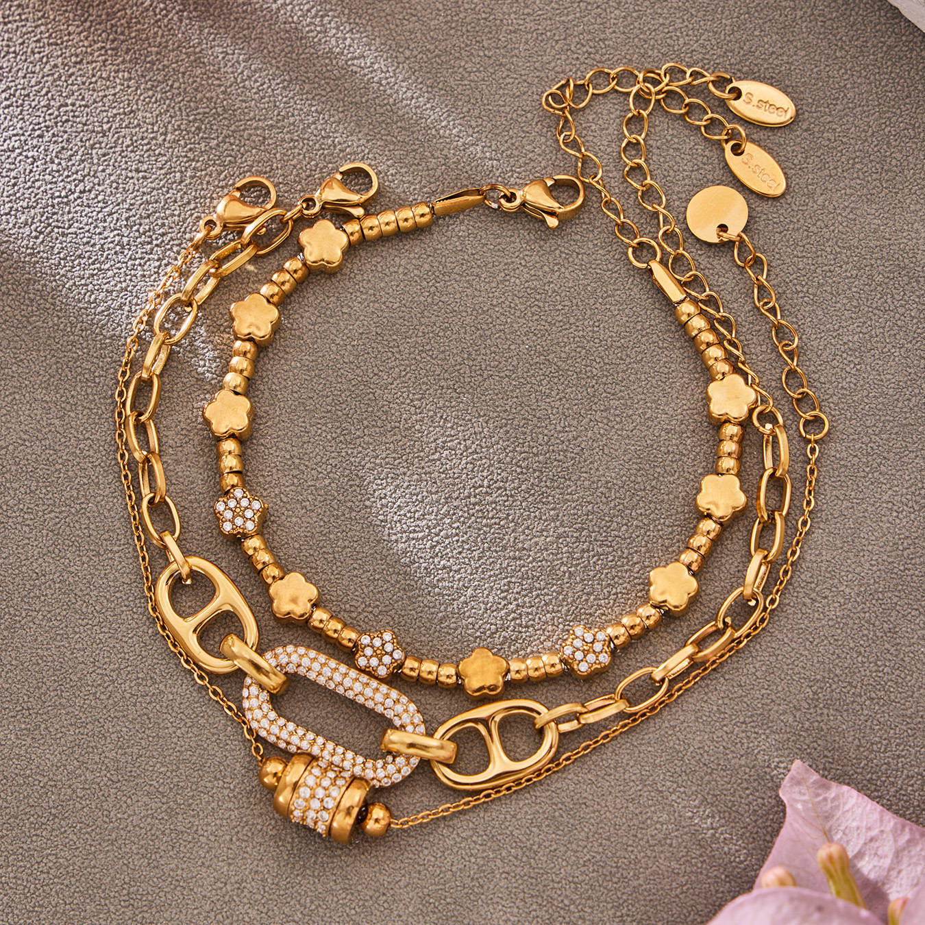 B廠【E223】歐美風氣質百搭日字微鑲鋯石手鍊組合不鏽鋼鍍18k真金時尚冷淡風
 26.03-2