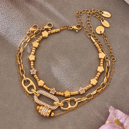 B廠【E223】歐美風氣質百搭日字微鑲鋯石手鍊組合不鏽鋼鍍18k真金時尚冷淡風
 26.03-2