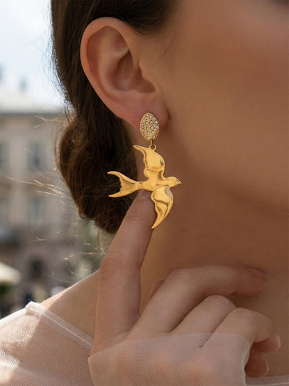 B廠【F1571】歐美INS小眾樹葉鋯石耳環不鏽鋼小燕子耳墜個性設計耳飾鍍18k真金
 26.04-3