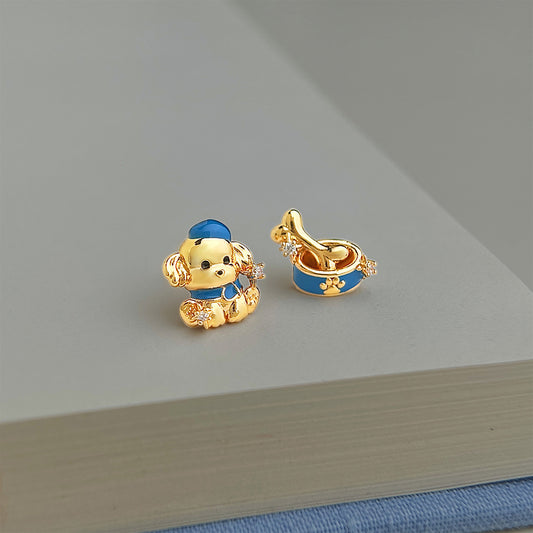 A廠【7522】原創個性設計師琺瑯滴釉彩繪小狗與骨頭小眾微鑲鋯石耳環耳飾
 26.04-3