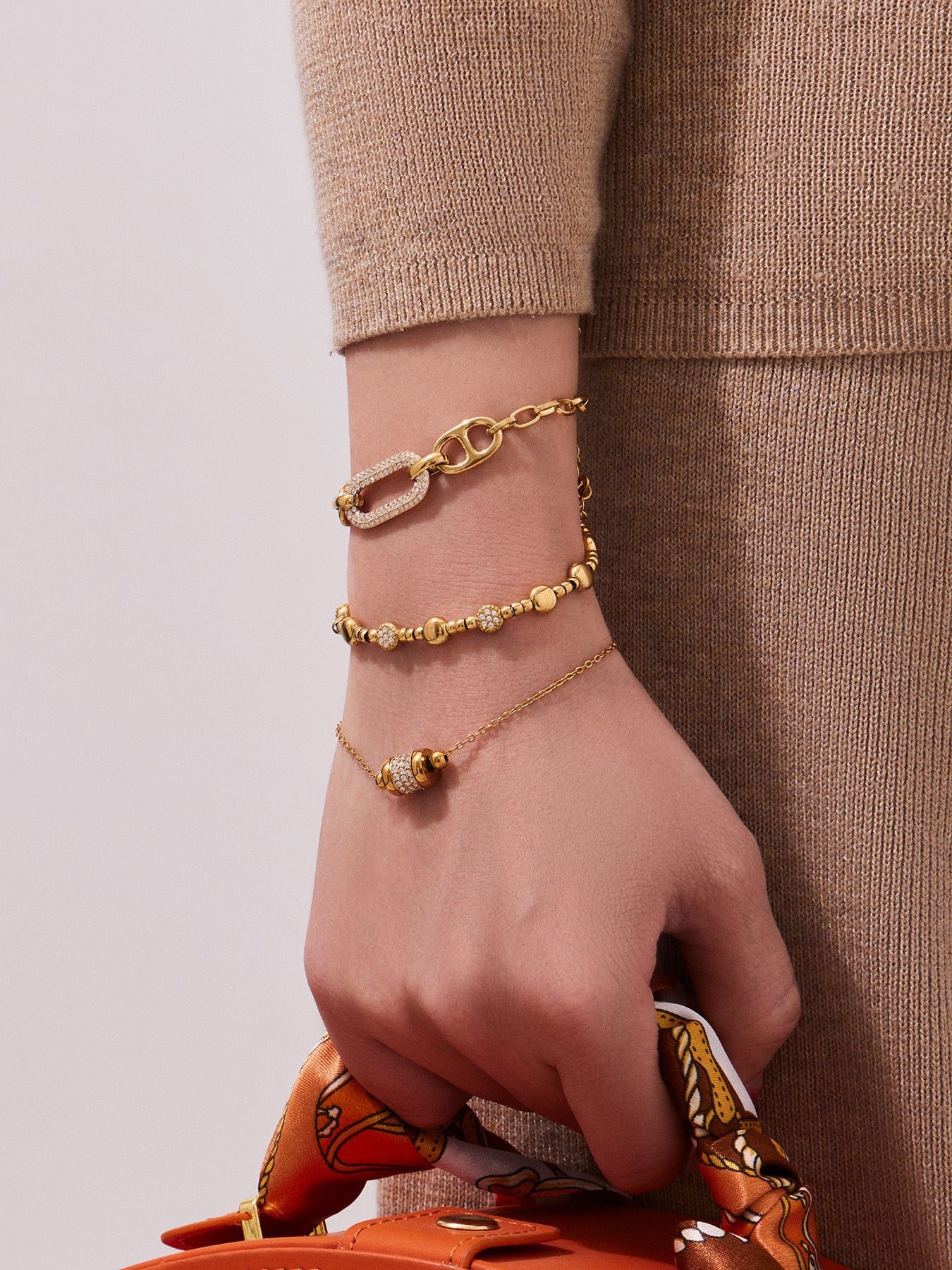 B廠【E223】歐美風氣質百搭日字微鑲鋯石手鍊組合不鏽鋼鍍18k真金時尚冷淡風
 26.03-2