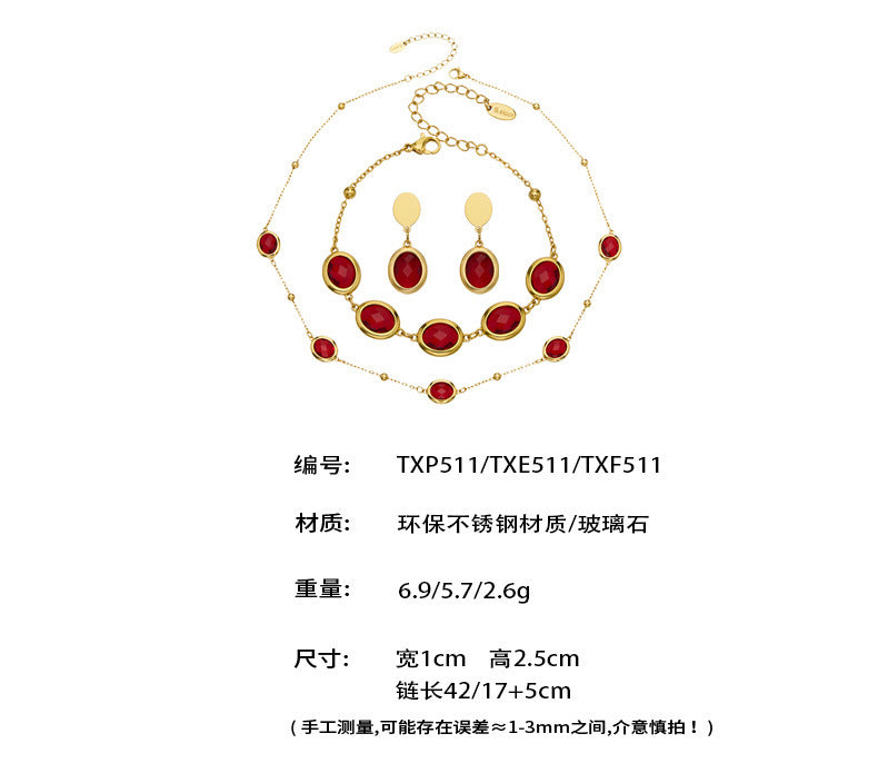 B廠【TXP511】不鏽鋼幾何橢圓切面玻璃石包邊項鍊手鍊耳環組鍍18k金跨國首飾
 25.12-2