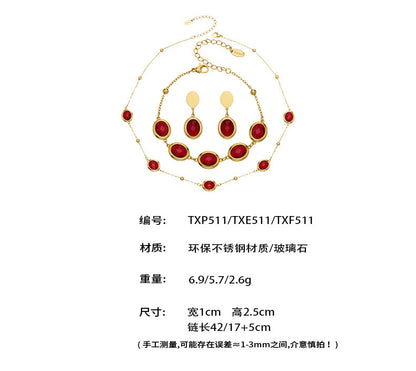 B廠【TXP511】不鏽鋼幾何橢圓切面玻璃石包邊項鍊手鍊耳環組鍍18k金跨國首飾
 25.12-2