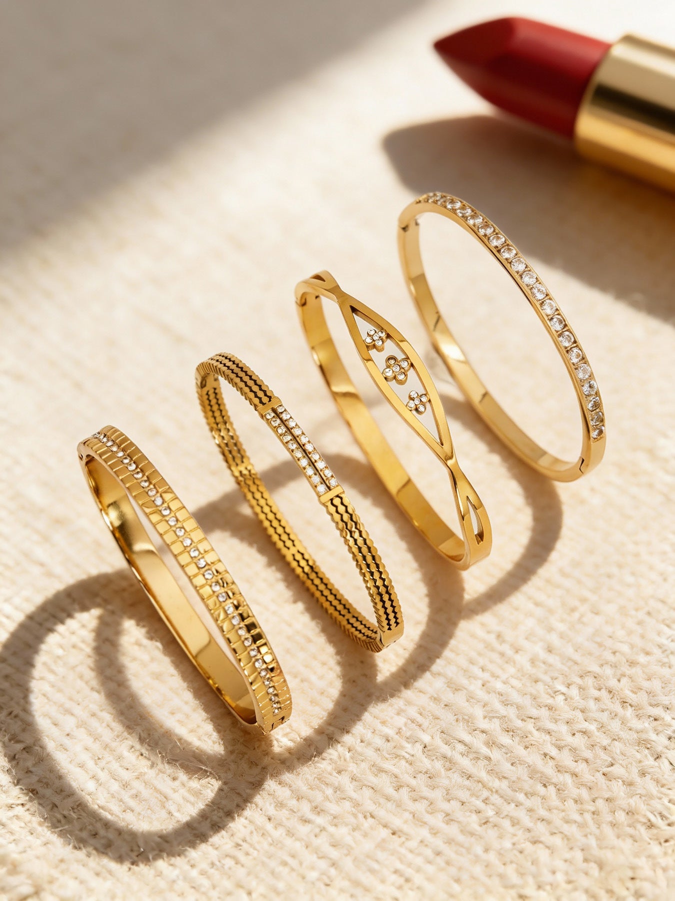 B廠【Z512】不鏽鋼單排鑽鋯石卡扣手鐲組合歐美時尚潮酷手飾鍍18k金不掉色
 25.12-2