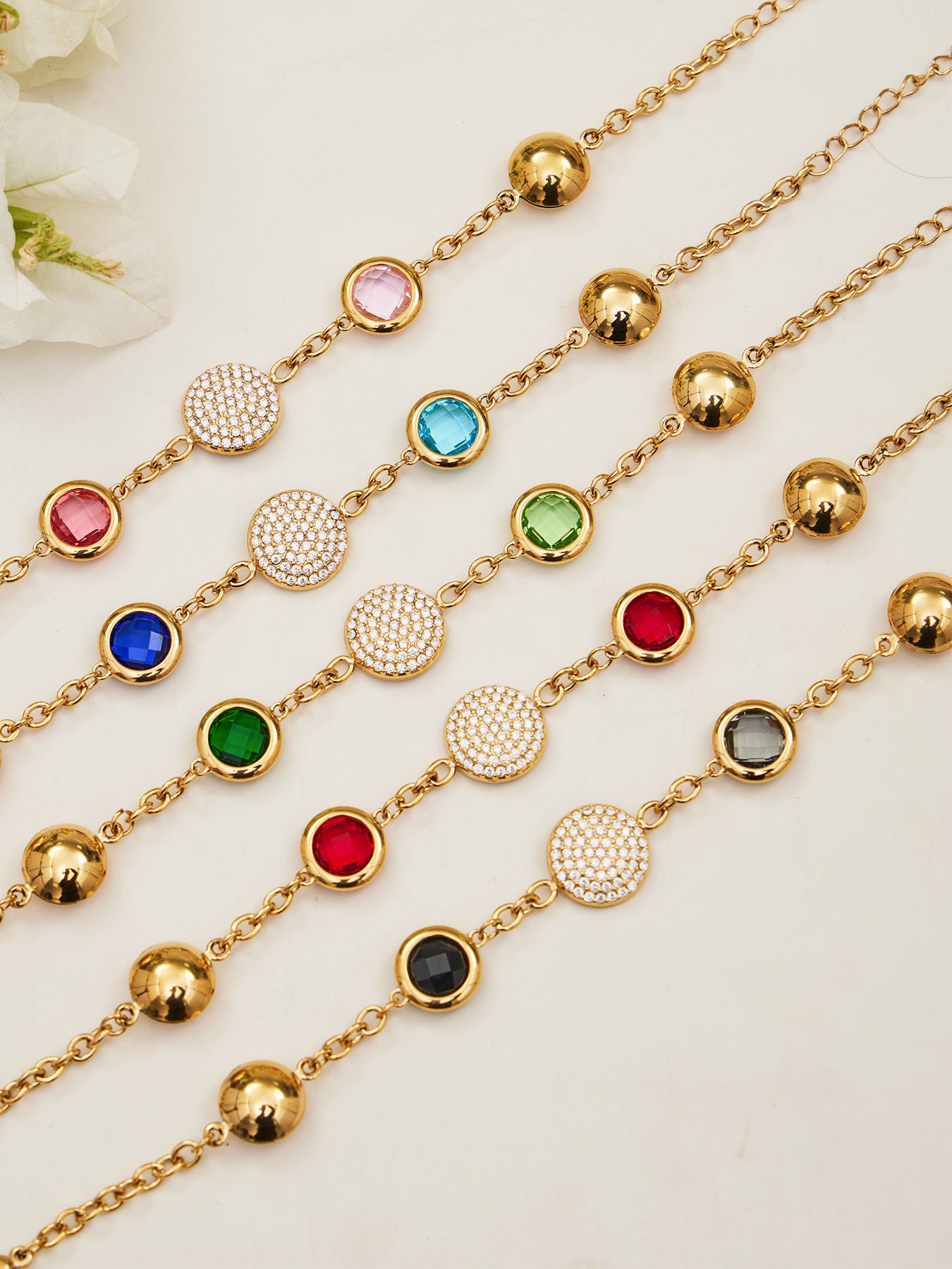 B廠【TXE508】不鏽鋼滿鑽鋯石切面包邊玻璃石手鍊耳環鍍18k真金首飾組不掉色
 25.12-1