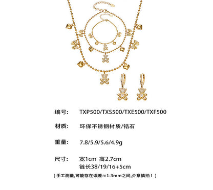 B廠【TXP500】不銹鋼5A鋯石滿鑽小熊蝴蝶結愛心多配件吊墜項鍊手鍊耳環首飾套裝
 25.11-4