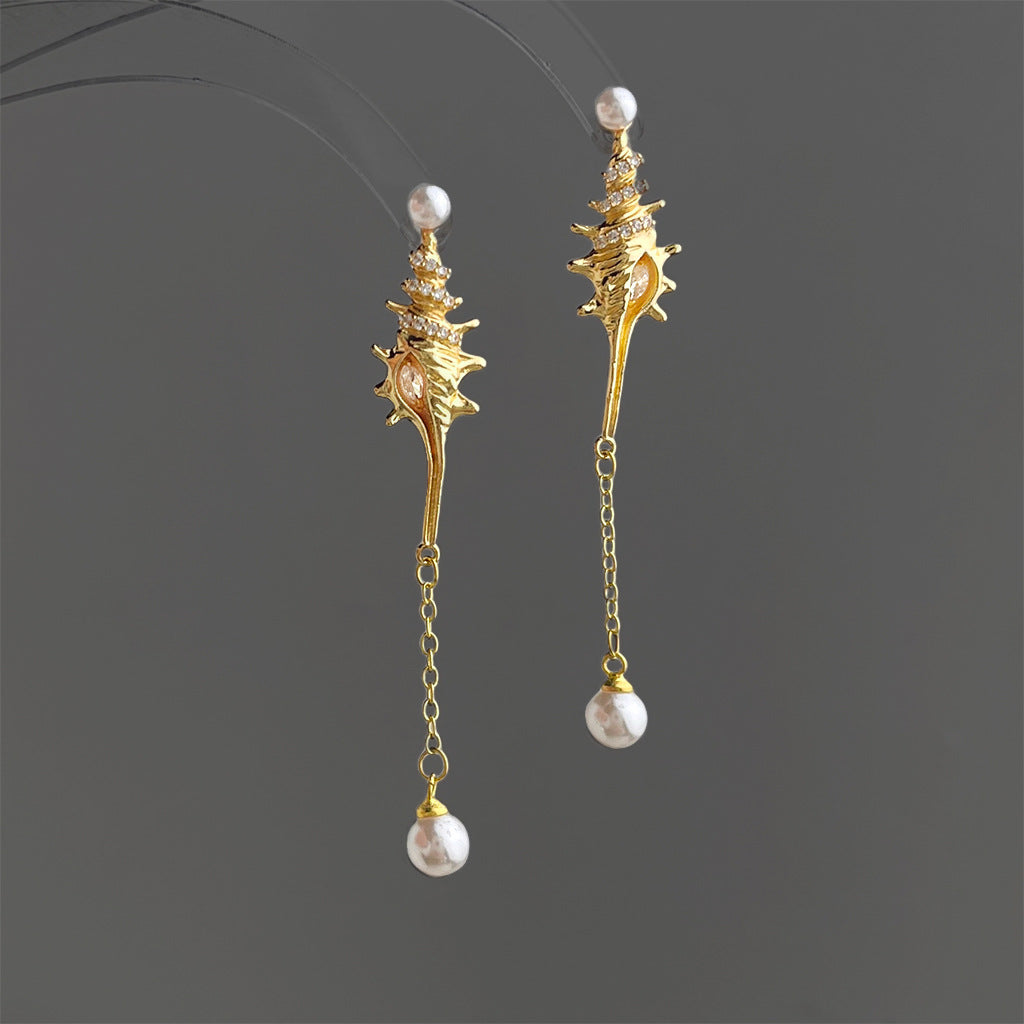 A廠【7336】原創時尚高級感微鑲鋯石S925銀針長款海螺新款耳環飾品耳飾女
 26.03-2