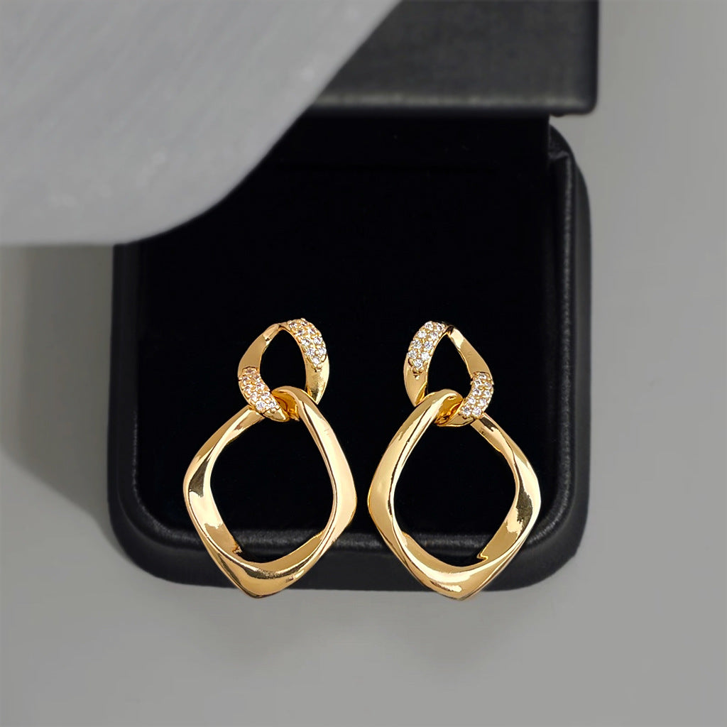 A廠【7323】時尚高級感重工質感銀針微鑲鋯石雙層立體幾何鏤空耳飾耳環女
 26.01-2