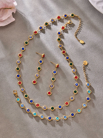 B廠【TXP552】chic奢華5A圓鋯拼接不鏽鋼手鍊項鍊精緻時尚氣質彩鑽流蘇耳環套裝
 26.03-2