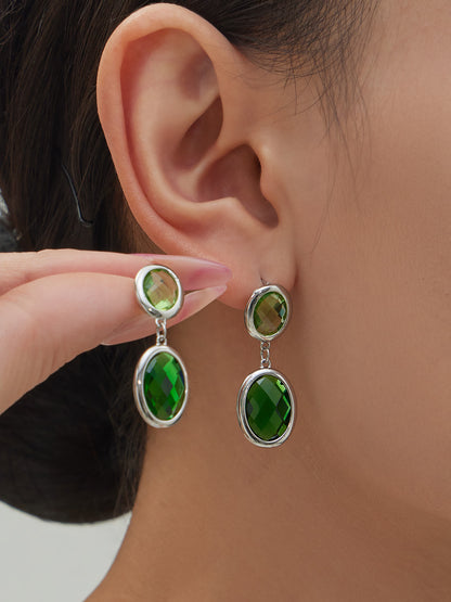 B廠【F957】不鏽鋼幾何橢圓吊墜切面玻璃石耳環ins小眾設計百搭耳飾鍍18k真金
 25.12-1