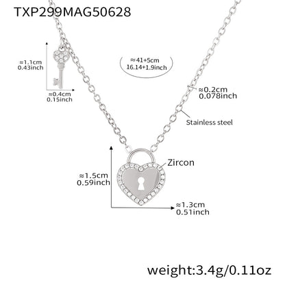 B廠【TXP299】歐美不銹鋼5A鋯石愛心鎖頭鑰匙棍吊墜鎖骨項鍊戒指飾品套裝 25.07-2