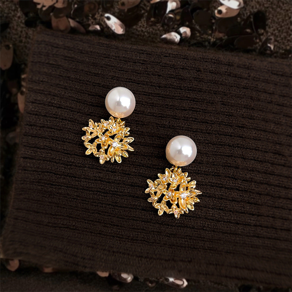 A廠【7191】原創繡球花朵925銀針微鑲鋯石玻璃珍珠時尚高級感新款耳環女
 25.12-2