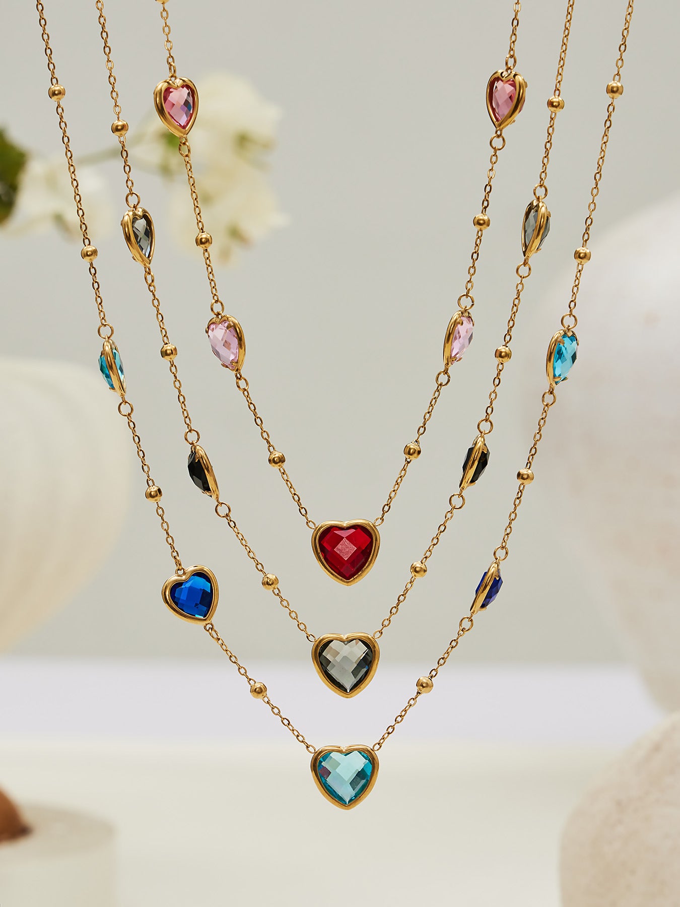 B廠【TXP510】不鏽鋼愛心切麵包邊玻璃石鋼珠項鍊手鍊耳環組鍍18k真金不掉色
 25.12-2