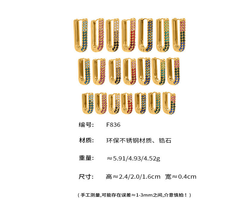 B廠【F836】跨國新款彩色5A鋯石長款U型耳扣耳圈不鏽鋼鍍18k真金不掉色
 25.11-2