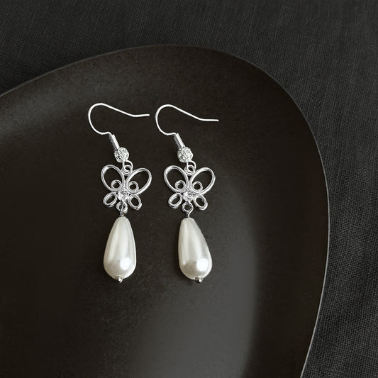 A廠【7517】清新甜美國潮新中式手工設計感鋯石蝴蝶長款水滴珍珠耳環
 26.04-3