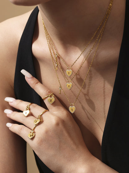 B廠【TXP299】歐美不銹鋼5A鋯石愛心鎖頭鑰匙棍吊墜鎖骨項鍊戒指飾品套裝 25.07-2