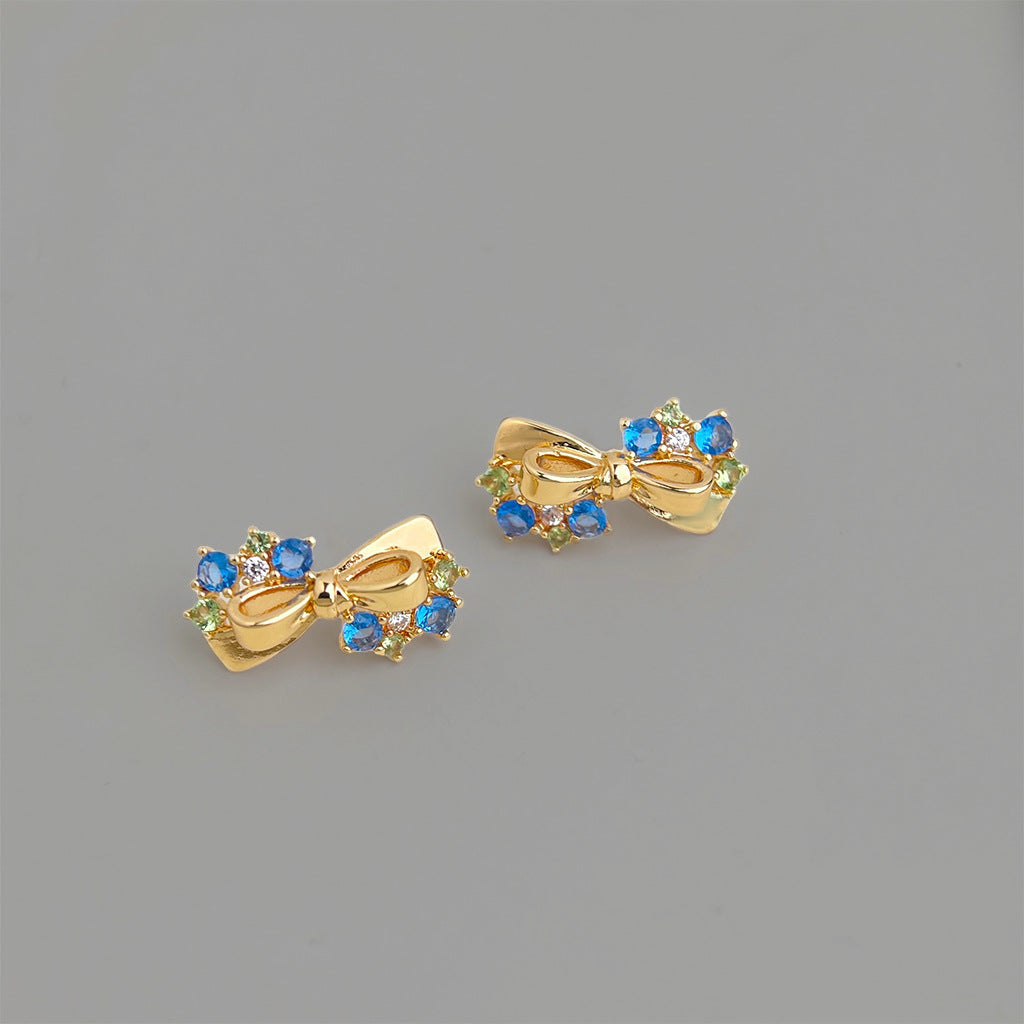 A廠【7441】原創海藍寶色鋯石蝴蝶結銀針耳環時尚高級感新款耳環女
 26.03-4